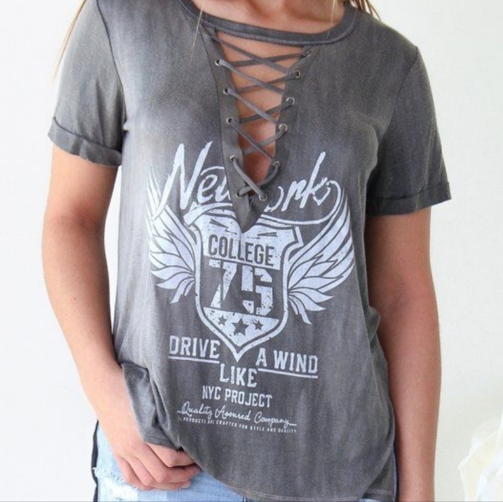 Emory Park New York College Lace-Up Gray Graphic Tee | Size Small